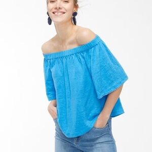 NWT Chico’s Pom Pom Trim Knit Off Shoulder Top - Poolside Blue